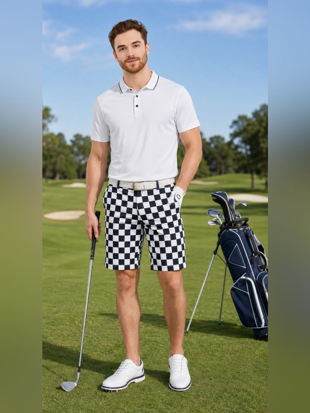 Lesmart Men's Navy and White Checkerboard Flat Front Golf Shorts